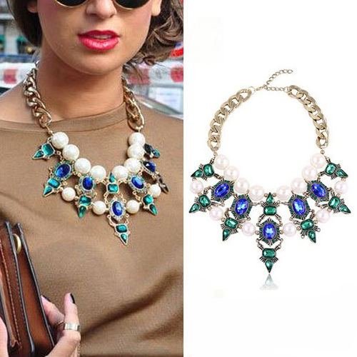 Green Pearl Bib Necklace Flower Chunky Statement Crystal Pendant Collar Chain N3