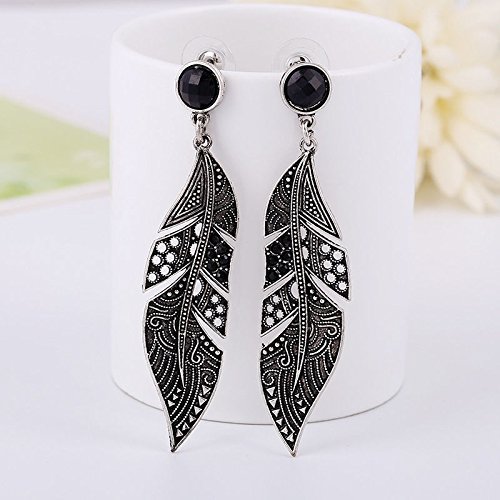 Black Long Leaf Drop Stud Dangle Earrings Fashion Women Silver Vintage Jewelry