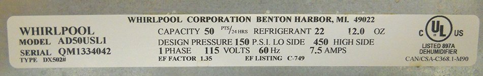 Whirlpool Gold AD50USS0 Dehumidifier 50 Pints 24 hours N2