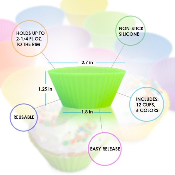 CookArt Silicone Reusable Baking Cupcake Cups Non-Stick 12 Liners Molds 6 Colors