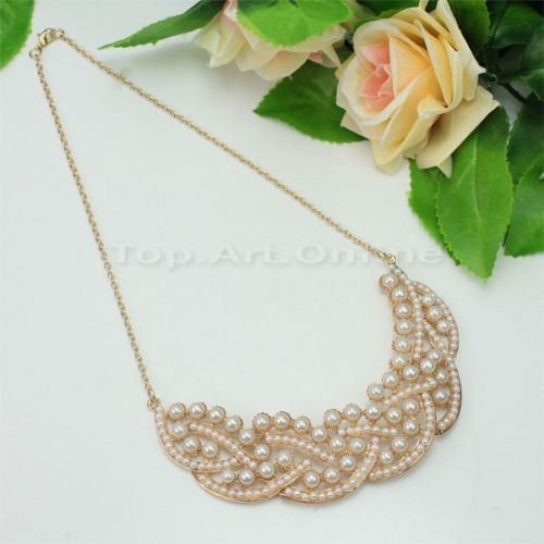 New Hot Design Fashion Pearl Hollowed Golden Choker Bib Collar Necklace Pendant N3