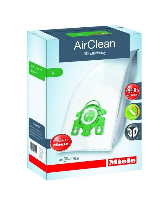 Miele 10123230 AirClean 3D Efficiency Dust Bag, Type U, 4 Count, 2 Air Filters