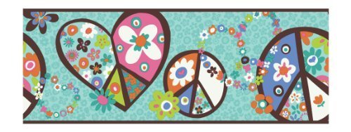 York Wallcoverings PW3918B Girl Power 2 Peace Sign Border, Teal Background/Brown Band by York Wallcoverings