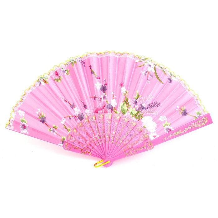 Plastic Frame Flower Pattern Polyester Handheld Folding Fan Pink N2