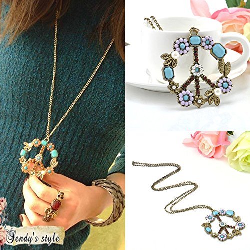 Vintage Nostalgic Retro Antiqued Bronze Peace Sign Pendant Necklace Long Chain N4