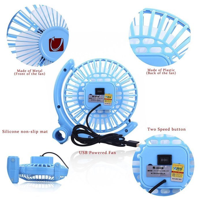 USB Desk Fan Small Personal Fan USB Powered with Two Speed, Metal Design and Quiet, 4" (Blue) N6