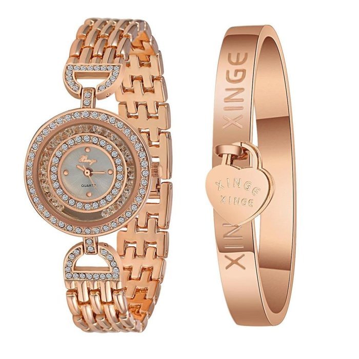 AutumnFall Women's Swarovski Crystal Accented Gold-Tone and Black Bangle Watch with Bracelet Set (609GB) N35