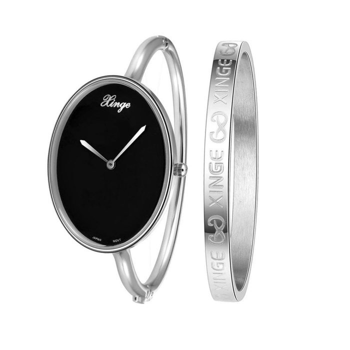 AutumnFall Women's Swarovski Crystal Accented Gold-Tone and Black Bangle Watch with Bracelet Set (609GB) N42