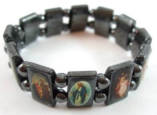 Hematite Black Flexible Bracelet with Saints Icons Mary / Jesus by Accessory