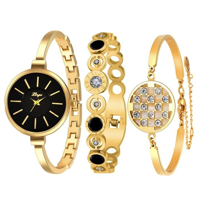 AutumnFall Women's Swarovski Crystal Accented Gold-Tone and Black Bangle Watch with Bracelet Set (609GB) N46