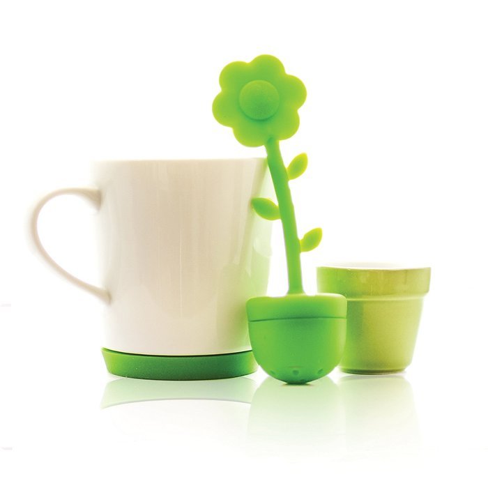 Premium Tea Infuser 4 Piece Set: Silicone Infuser, Ceramic Flower Pot Holder, and Ceramic Tea Mug with Built In...