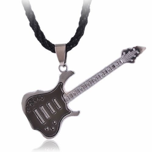 Unisex Rock Guitar Stainless Steel Pendent Necklace Men Black Leather Jewelry