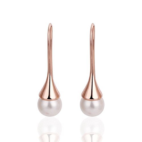Women Simple 18K Rose Gold Filled Charm Pearl Dangle Drop Evening Prom Earrings N5