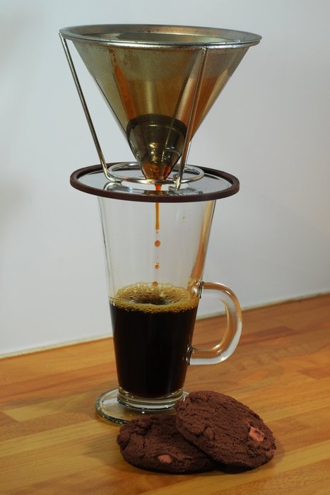 Stainless steel coffee dripper filter. Reusable paperless coffee cone with separate stand. Environmentally friendly...