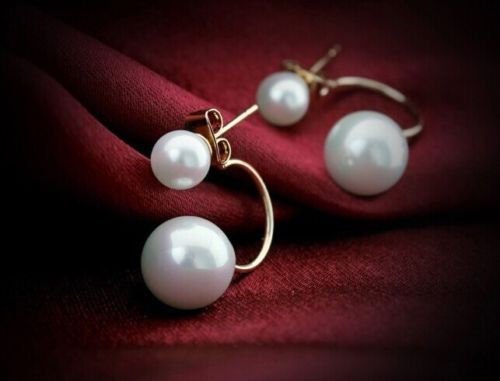 New Fashion Women's Stud Earrings Gold Filled Double White Freshwater Pearl N3