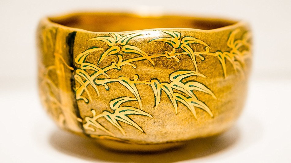 Matcha bowl chawan Kutaniyaki gilded with gold leaf Artist Artwork Hasegawa Suikou N3