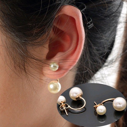 New Fashion Women's Stud Earrings Gold Filled Double White Freshwater Pearl N4