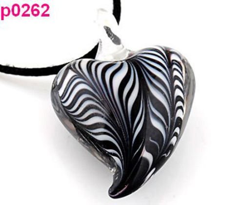 Hot Curves Murano Art Lampwork Glass Heart Pendant Zebra striped Necklace