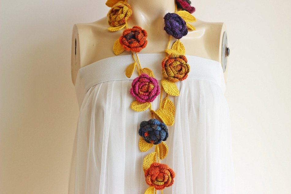 Mustard Rose Scarf-Autumn Mustard Necklace -Lariat Necklace Scarf-Crochet Scarf-Mustard Autumn Scarf N3
