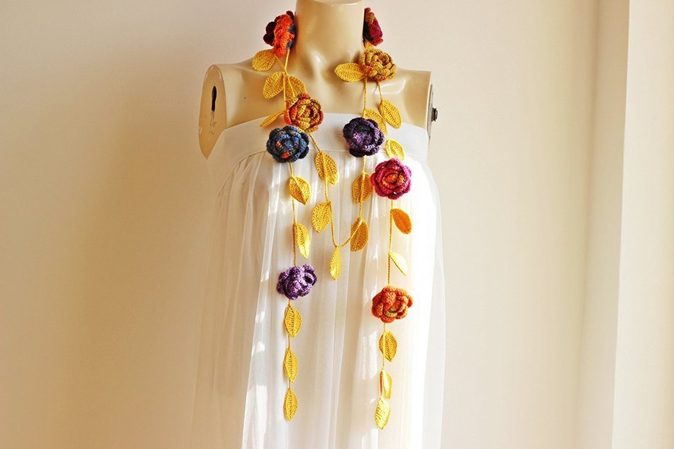 Mustard Rose Scarf-Autumn Mustard Necklace -Lariat Necklace Scarf-Crochet Scarf-Mustard Autumn Scarf N4