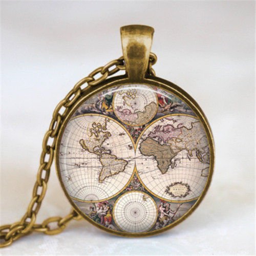 Vintage world map Cabochon Bronze Glass Chain Pendant Necklace wj13 N2