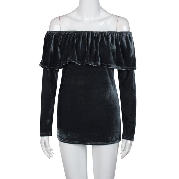 Women's Blouse,Laimeng Winter Velvet Long Sleeve Off Shoulder Flared Casual Tops Blouse (M, Gray) N4