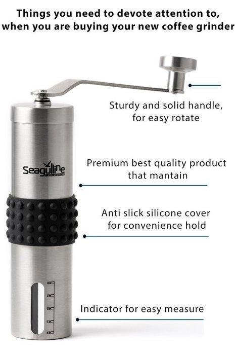 Premium Manual Coffee Grinder By Seagulline | Durable Stainless Steel Body & Firm Silicone Cover | Coffee Indicator...