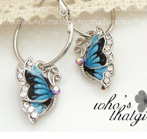 Butterfly Dangle Blue Crystal Rhinestone Enamel Hoop Earrings GIFT WOMEN 1Pair N4