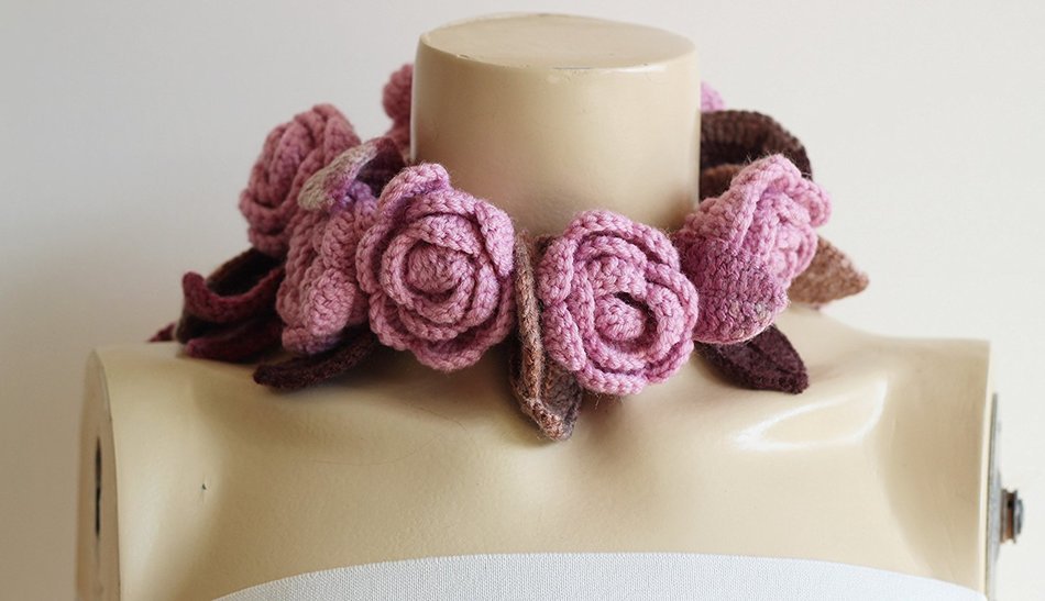 Pink Rose Scarf-Pastel Rose Scarf-Rose Crochet Scarf-Pink Lariat Necklace with Brown Leaves-Christmas Gift For... N5
