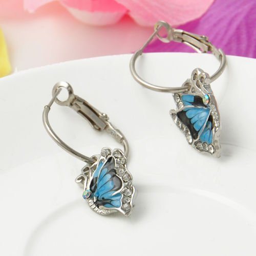 Butterfly Dangle Blue Crystal Rhinestone Enamel Hoop Earrings GIFT WOMEN 1Pair N7