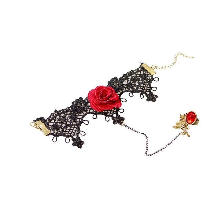 QTMY Black Rose Lace Ring Adjustable Bracelet Jewelry Set gift for women girl