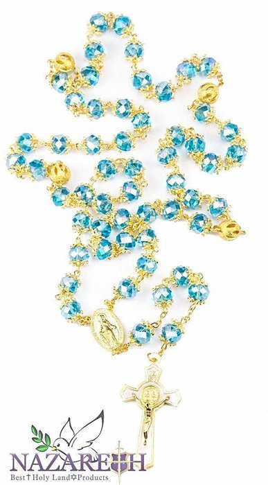 High Quality St. Benedict Gold Plated with Light Blue Crystal Miraculous Rosary N3