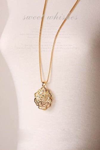 Women Gold Hollow Rose Flower Crystal Rhinestone Pendant Long Chain