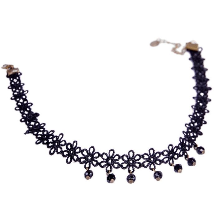Vintage Black Lace Choker Faux Pearl Pendant Gothic Handmade Punk Necklace