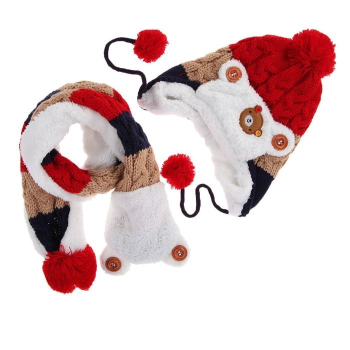 Baby Toddler Winter Beanie Warm Hat Hooded Scarf Earflap Knitted Cap Girls Boys N16