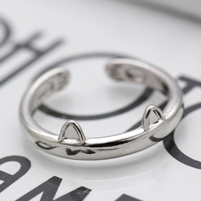 Fashion Women Silver Cute Cat Kitten Ears Animal Design Ring Adjustable Gift N3