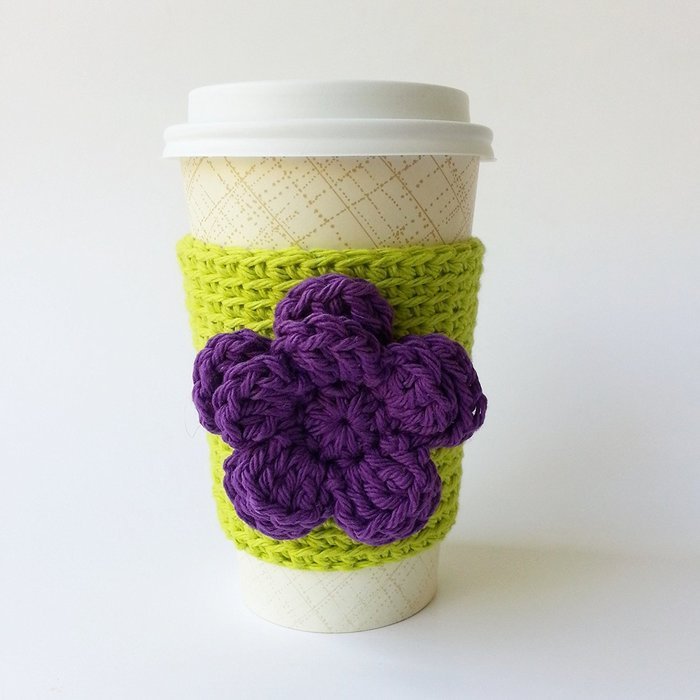 Crochet Coffee Cozy - Green with Purple Flower