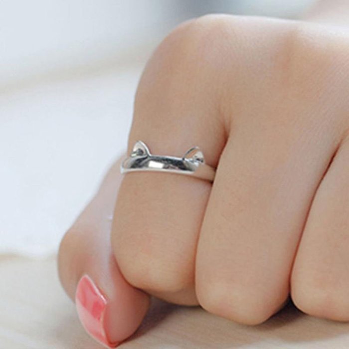Fashion Women Silver Cute Cat Kitten Ears Animal Design Ring Adjustable Gift N4