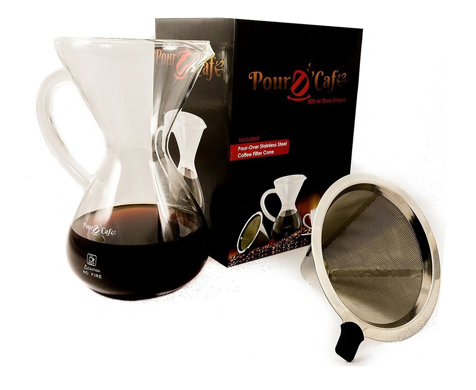 Large Pour Over Coffee Carafe with Stainless Steel Reusable Filter by "Pour D' Cafe"