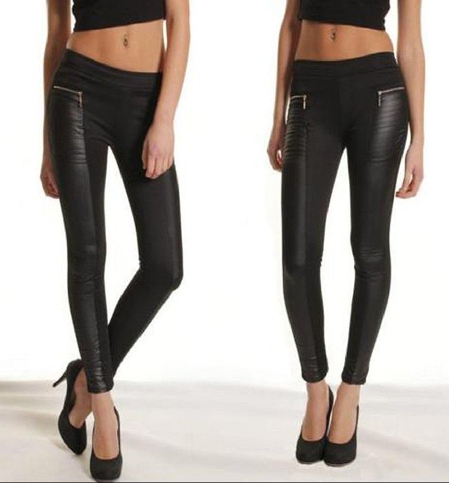 PHOTNO Women Leather Look Panel Leggings Jeggings Zip Stretch Trousers Black
