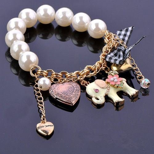 Fashion Elephant Pendant Pearl Charm Bracelet Bangle Women Girl Jewelry Gift N2