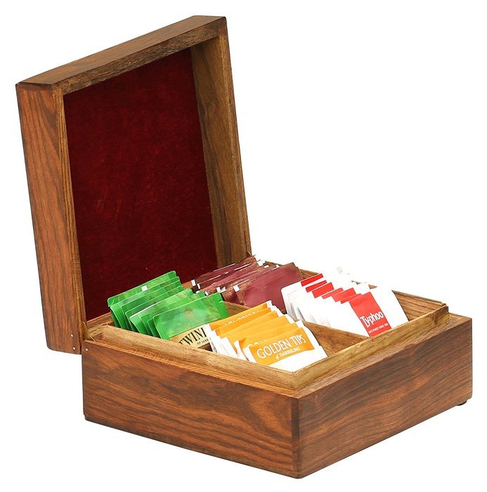 SouvNear Coffee / Tea Box with 4 Compartments for Tea Bags / Coffee Sachets / Dry Milk & Sugar Packets - Natural...