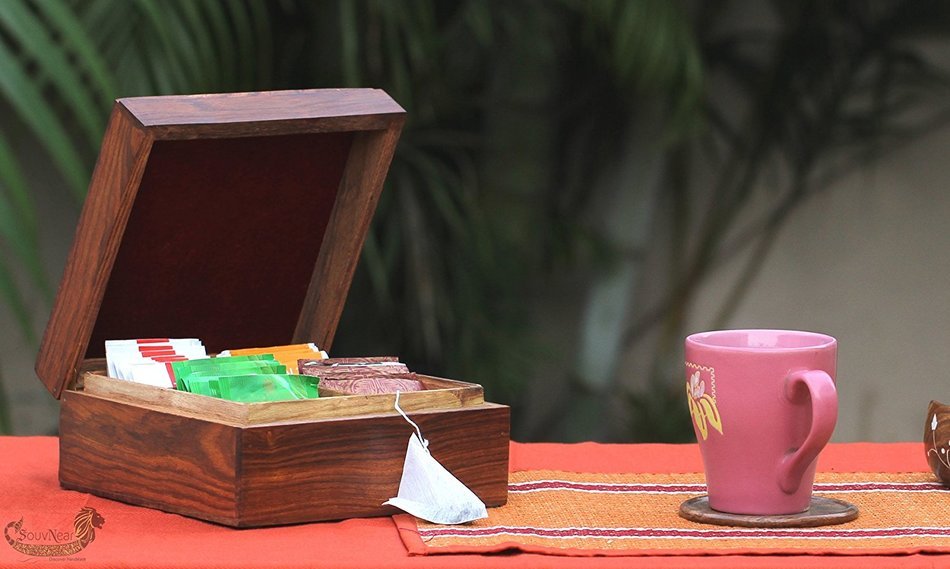 SouvNear Coffee / Tea Box with 4 Compartments for Tea Bags / Coffee Sachets / Dry Milk & Sugar Packets - Natural... N2