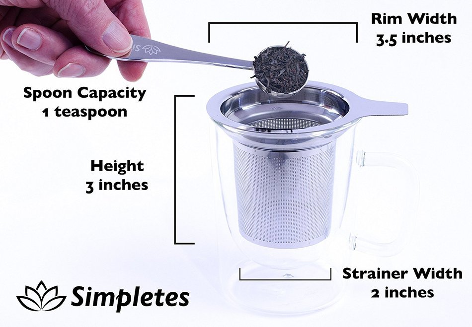 Stainless Steel Tea Infuser Strainer Steeper and Measuring Spoon Set by Simpletes. Extra Fine Mesh Basket Perfect...