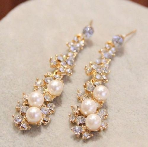Pearl Rhinestone Women Lady Crystal Dangle Chandelier Earrings Jewelry
