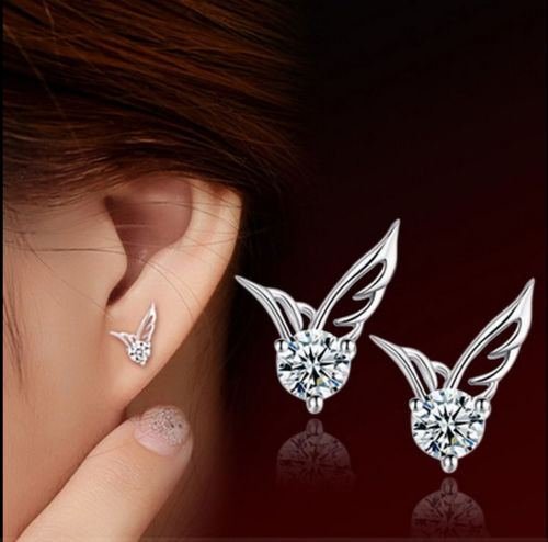 Fashion Women Sterling Silver Jewelry Angel Wings Crystal Ear Stud Earrings N2