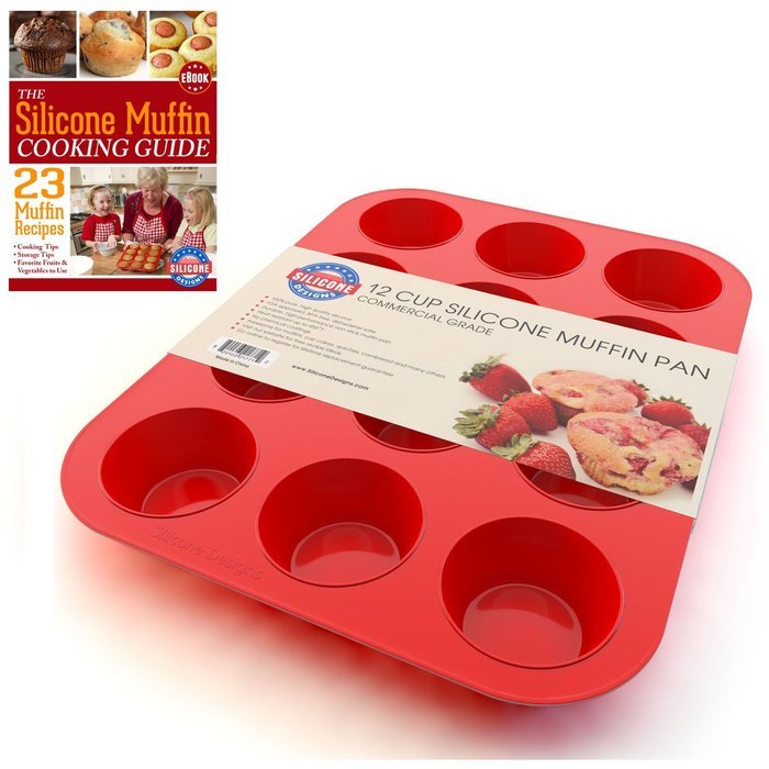 Silicone Muffin Pan and Cupcake Maker 12 Cup, Red, Plus Muffin Recipe Ebook N2