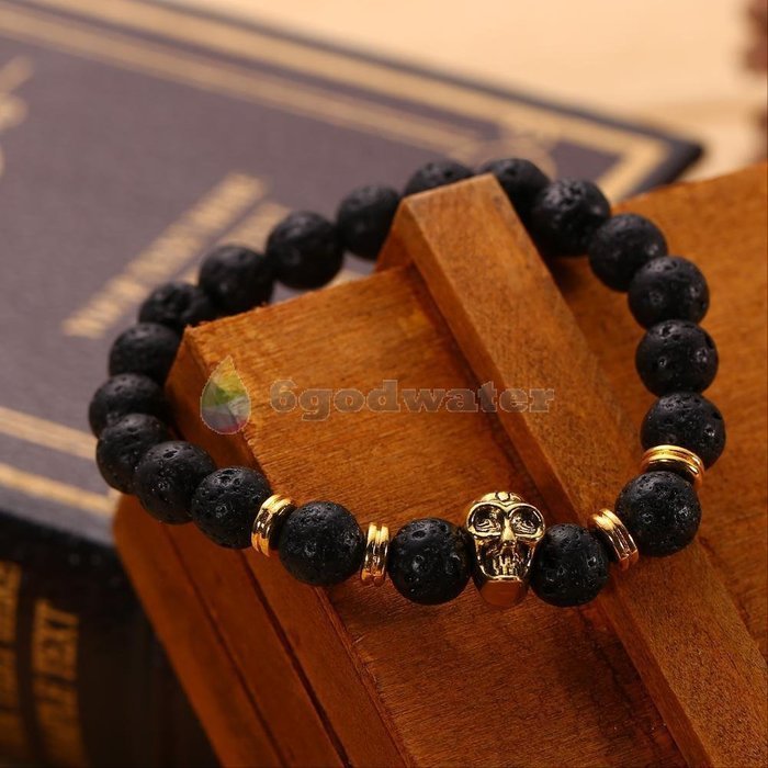 Men Women Golden Skull/Black Lava Rock Beaded Shamballa Stretch Energy Bracelet N3