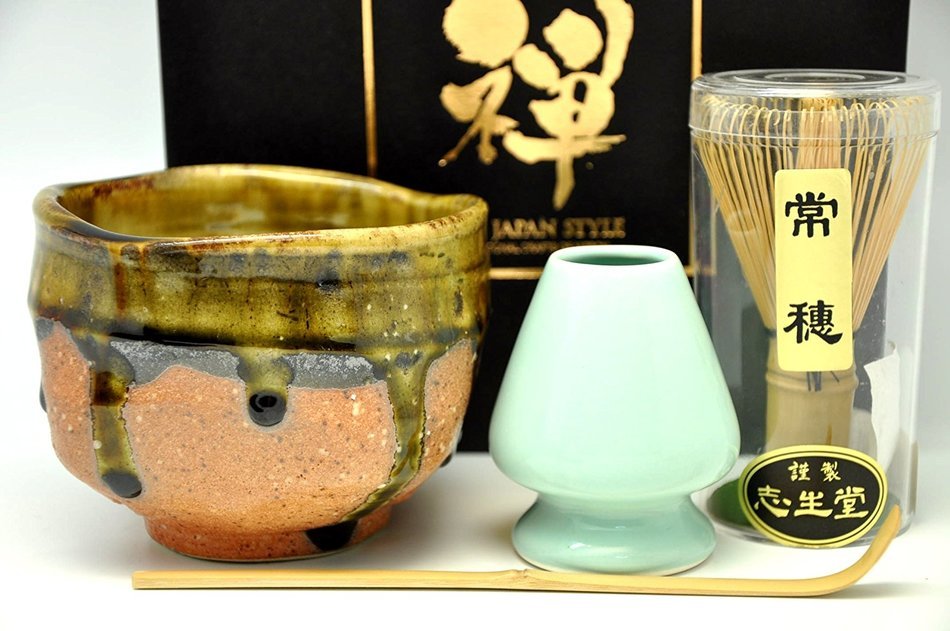 Japanese Mino Yaki ware Matcha Bowl And Tea Ceremony Set Green Tea 11.5 / 11.5 / 9cm (4.5 / 4.5 / 3.5inch)[7408]