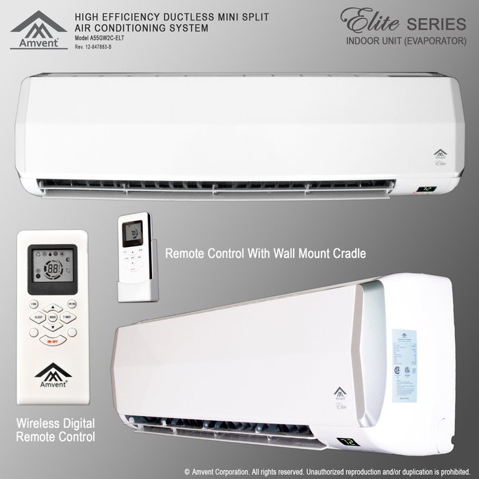 Amvent 18000 BTU 1.5 Ton Ductless Wall Mount Mini Split Room Air Conditioner AC Conditioning Cooling System Unit N7